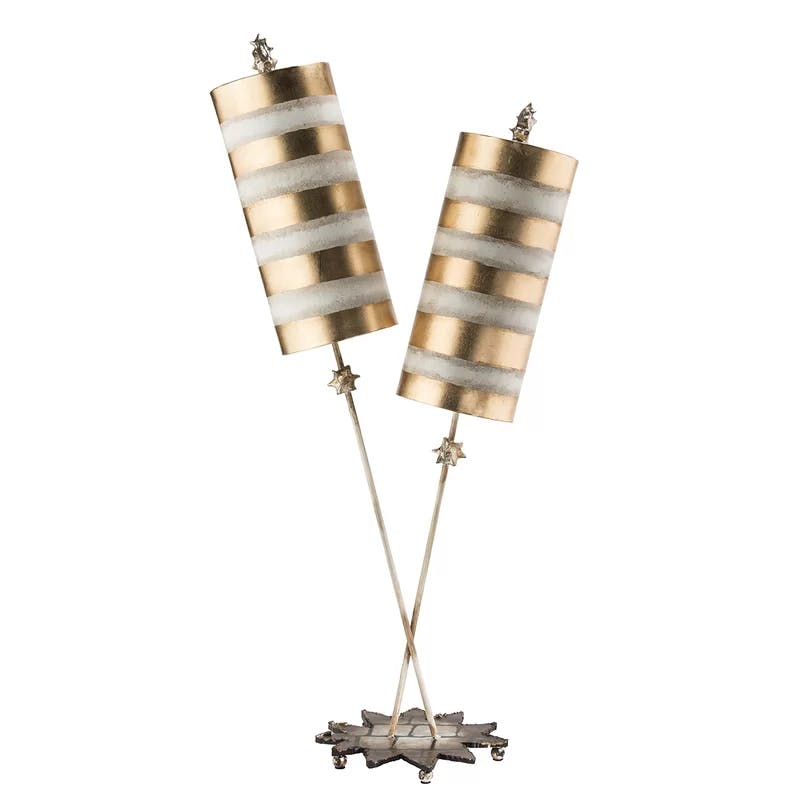 Whimsical Gold Leaf and Taupe Striped 2-Light Table Lamp