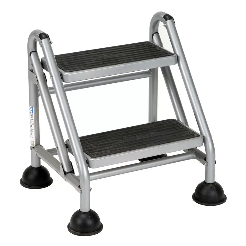 Platinum and Black 2-Step Steel Rolling Step Ladder with Suction Stabilizers
