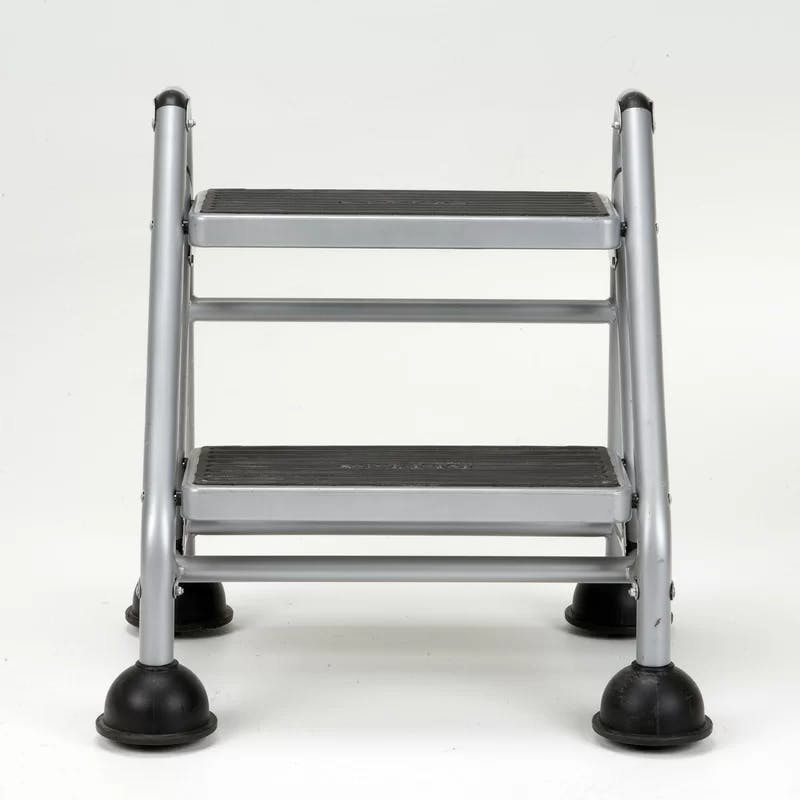Platinum and Black 2-Step Steel Rolling Step Ladder with Suction Stabilizers