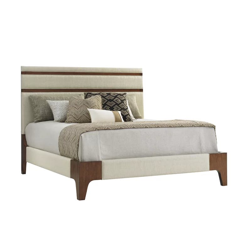 Transitional California King Upholstered Bed with Linen Weave in Brown/Cream