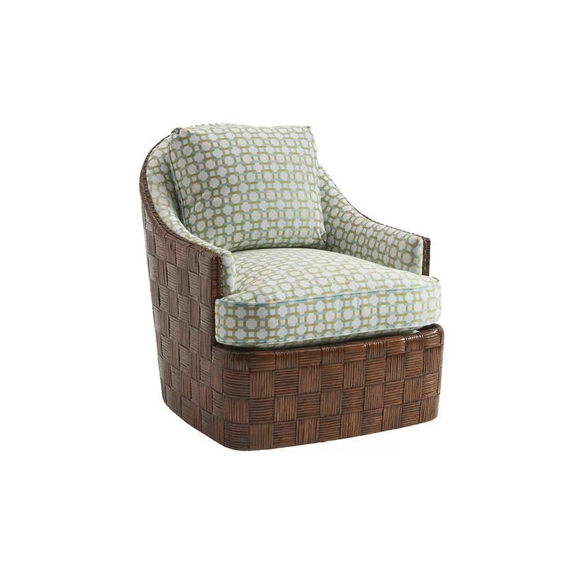 Masami Green and White Geometric Swivel Armchair with Wicker Accents