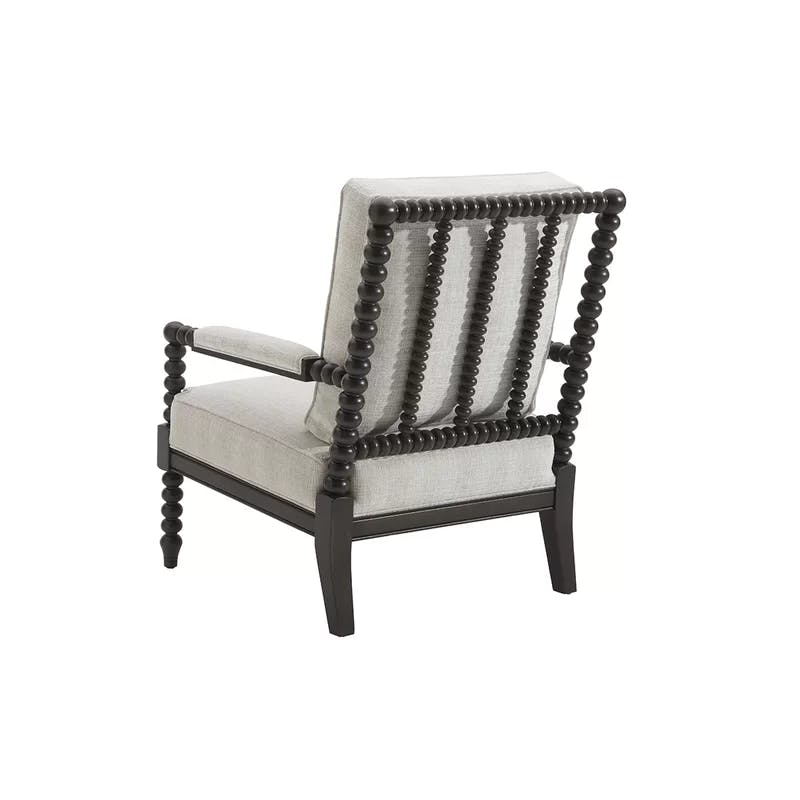 Colonial Safari-Inspired Gray Polyester and Brown Wood Armchair