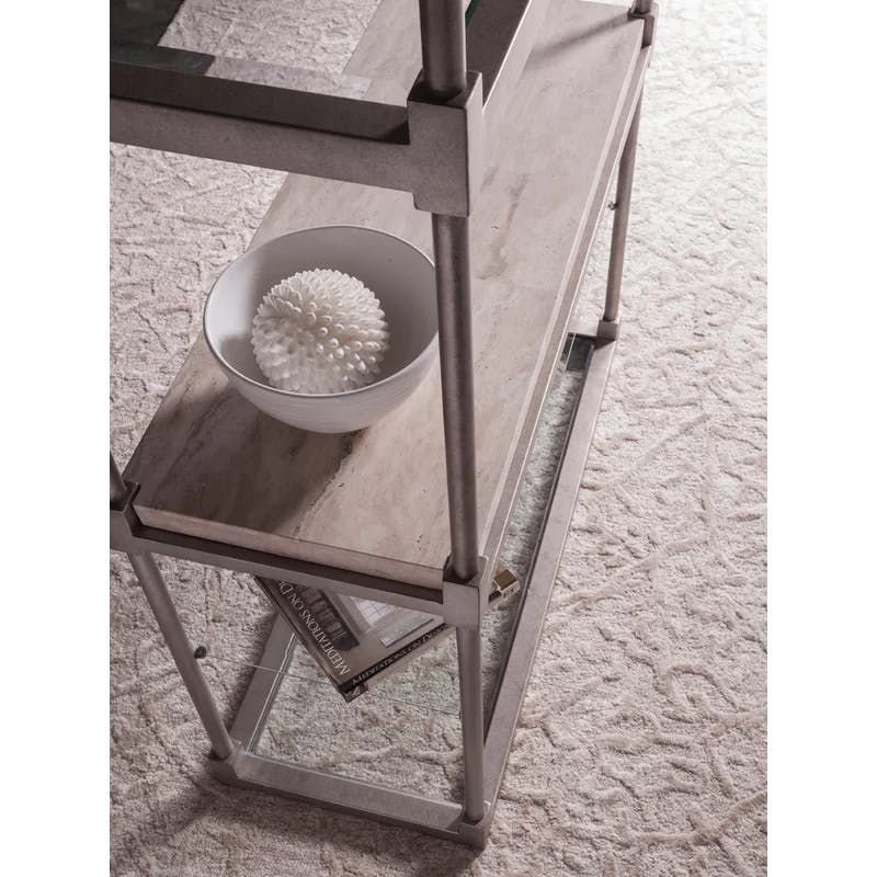 Antiqued Silver Leaf Iron and Sand Travertine Etagere with Glass Shelves