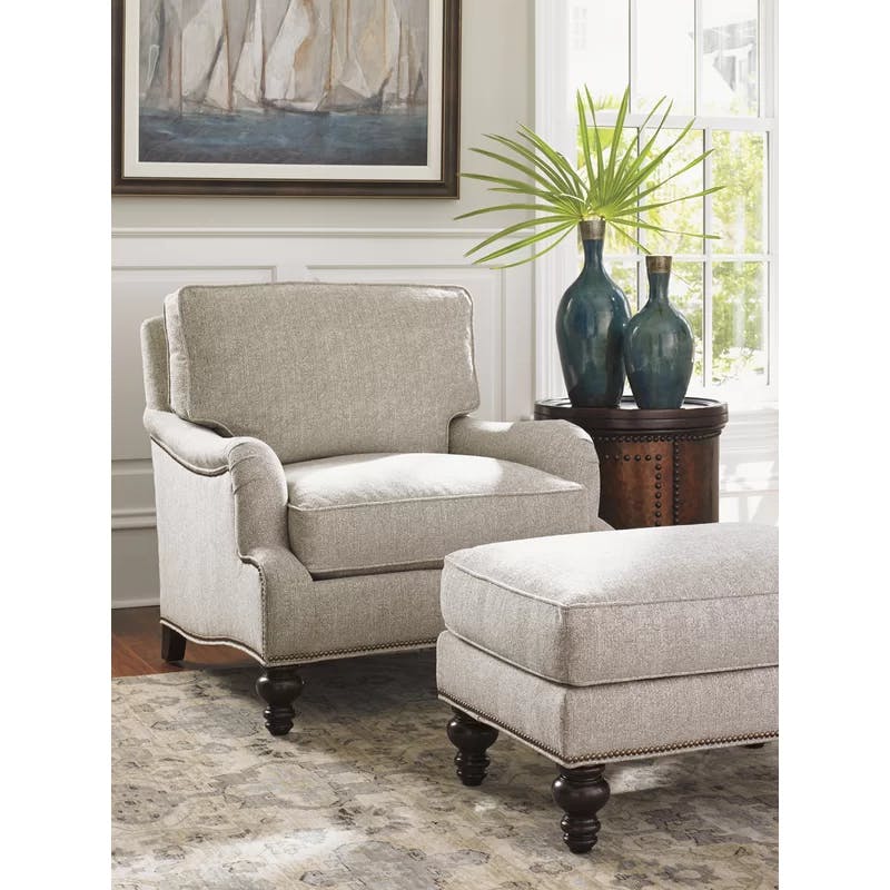Amelia Light Beige Polyester Armchair with Down Cushion and Nailhead Trim