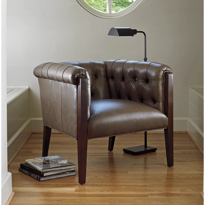 Arlington Millstone Leather Barrel Chair with Mahogany Legs