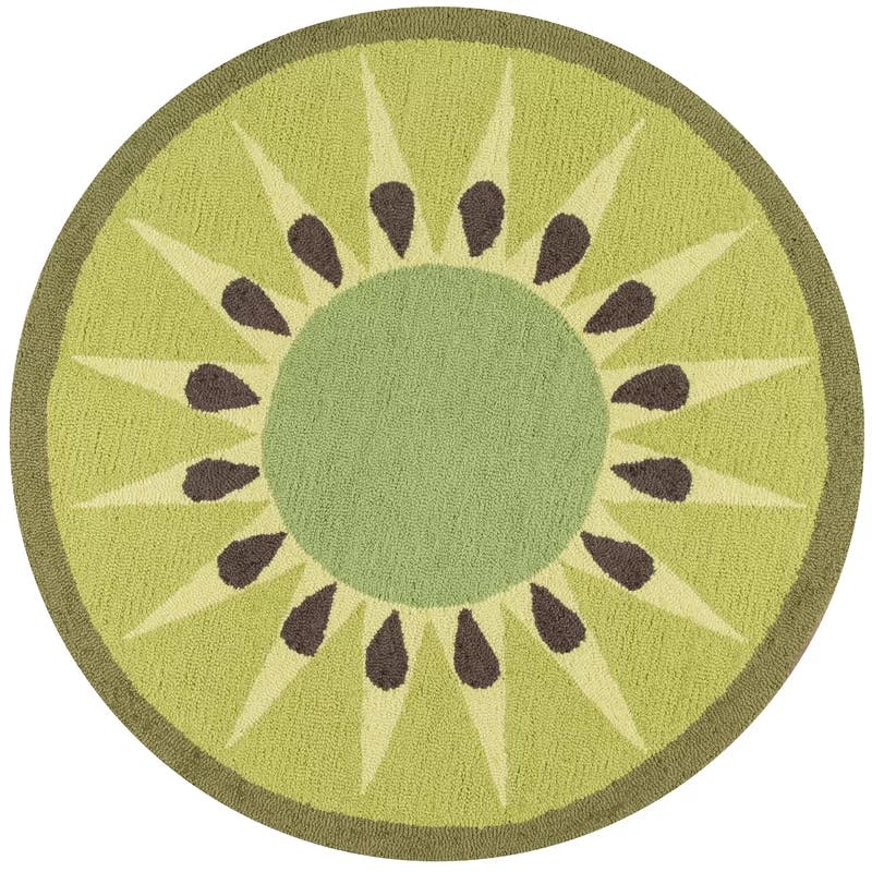 Kiwi Slice 3' Round Hand-Hooked Synthetic Kitchen Mat in Lively Green