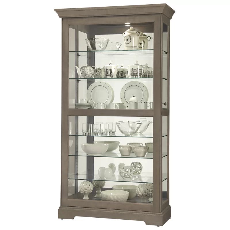 Transitional Gray-Brown Lighted Curio Cabinet with Adjustable Shelves