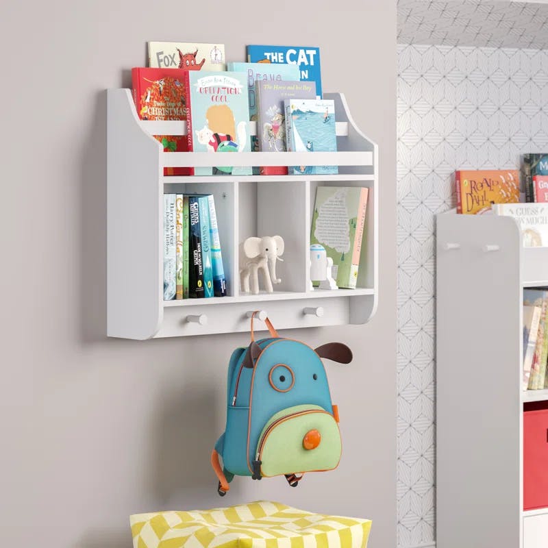 Playtime White Wall-Mounted Shelf with Bookrack and Cubbies for Kids
