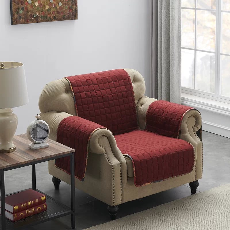 Gold Rush Quilted Armchair Protector in Mineral Red and Rosewood