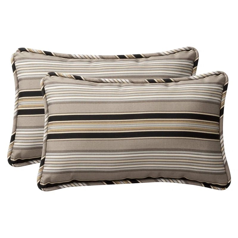 Elegant Striped Weather-Resistant Outdoor Lumbar Throw Pillow Set, Black/Beige