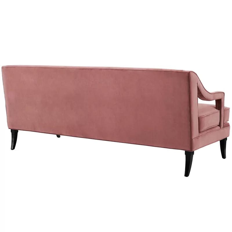 Elegant Dusty Rose Velvet Tufted Sofa with Sloped Arms and Birch Legs