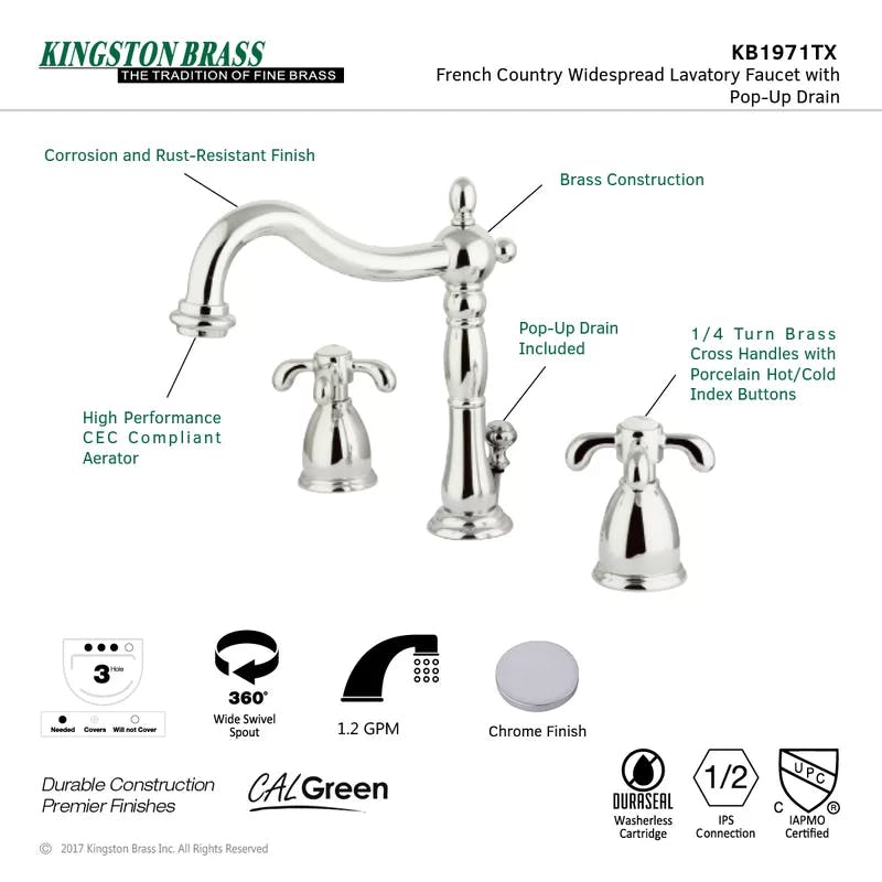 French Country Polished Chrome 8" Widespread Bathroom Faucet
