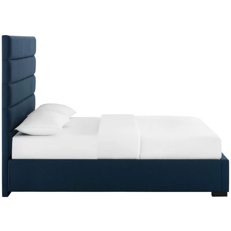 Elegant Blue Queen Platform Bed with Tufted Faux Leather Headboard