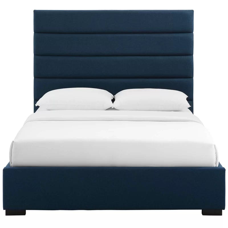 Elegant Blue Queen Platform Bed with Tufted Faux Leather Headboard