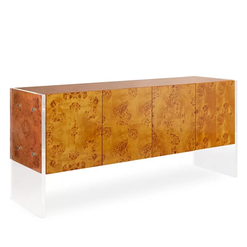 Burled Mappa Wood Credenza with Clear Acrylic Legs and Polished Hardware