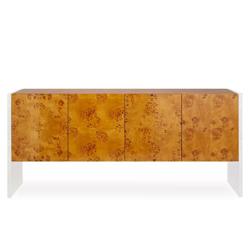 Burled Mappa Wood Credenza with Clear Acrylic Legs and Polished Hardware