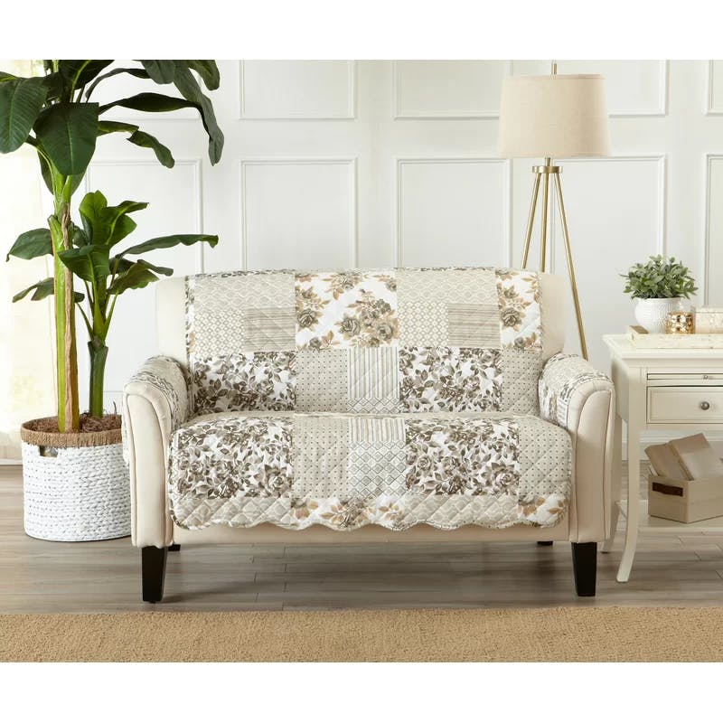 Langdon Luxe Patchwork Taupe Loveseat Slipcover with Scalloped Edges