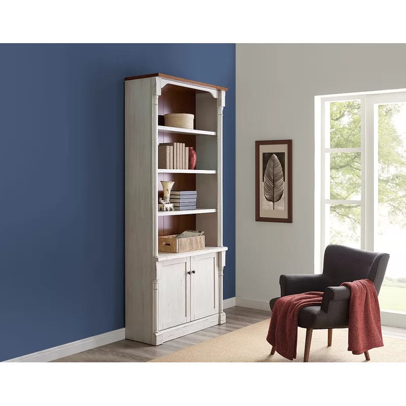Durham 94" Traditional White & Brown Wood Bookcase with Doors
