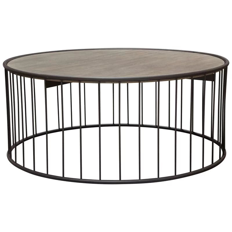 38" Grey Oak and Iron Round Rustic Coffee Table