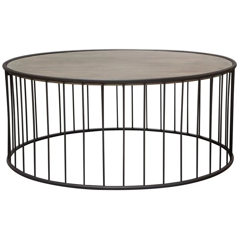 38" Grey Oak and Iron Round Rustic Coffee Table