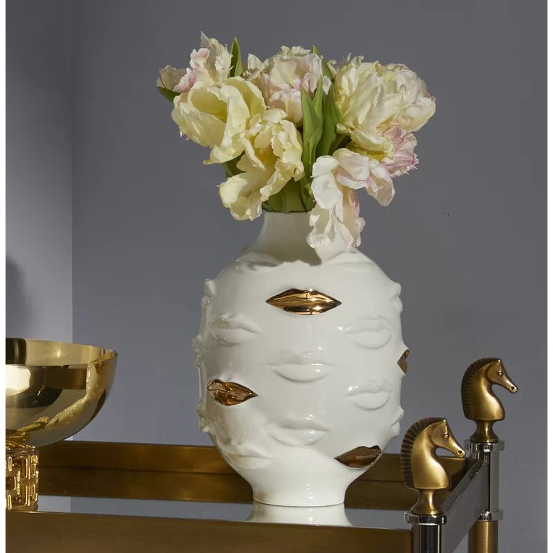Glossy Porcelain Bouquet Vase with Gold-Tone Accents 6"x10"