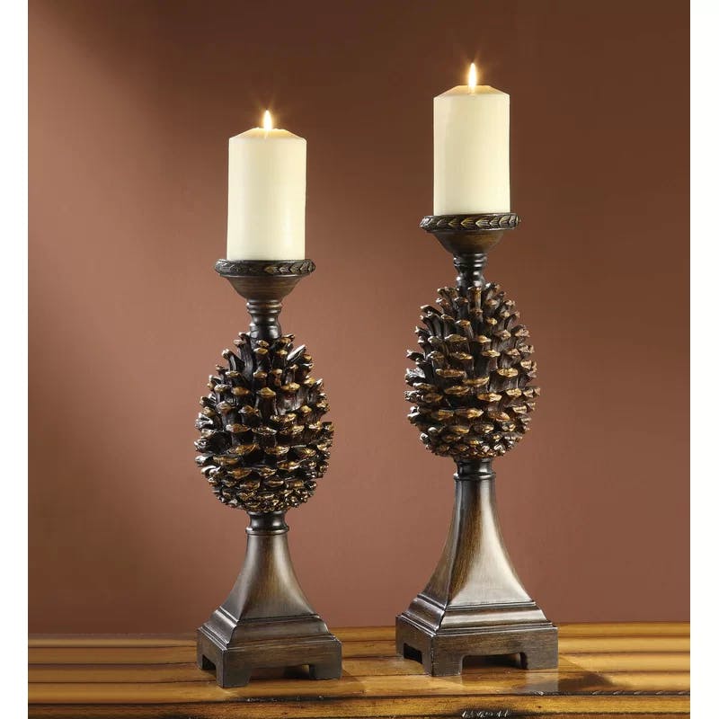 Rustic Pinecone and Walnut Finish Resin Candlestick Set