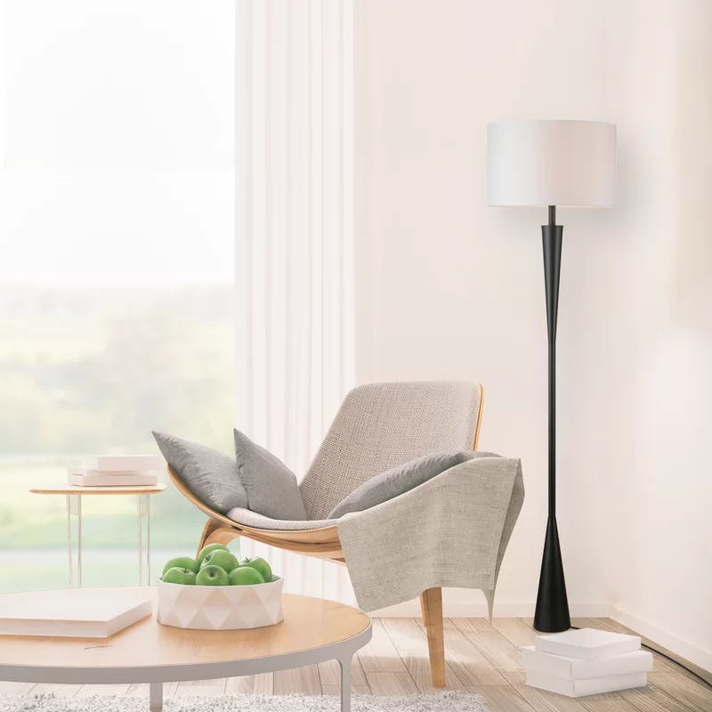 Matte Black 70" Modern Floor Lamp with White Fabric Drum Shade