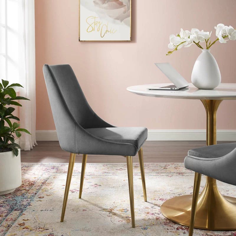 Luxe Gray Velvet Upholstered Dining Chair with Gold Metal Legs
