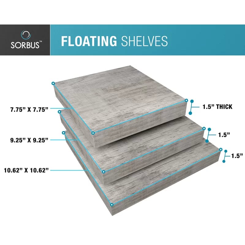Sorbus Rustic Grey Wood 3-Piece Square Floating Shelf Set