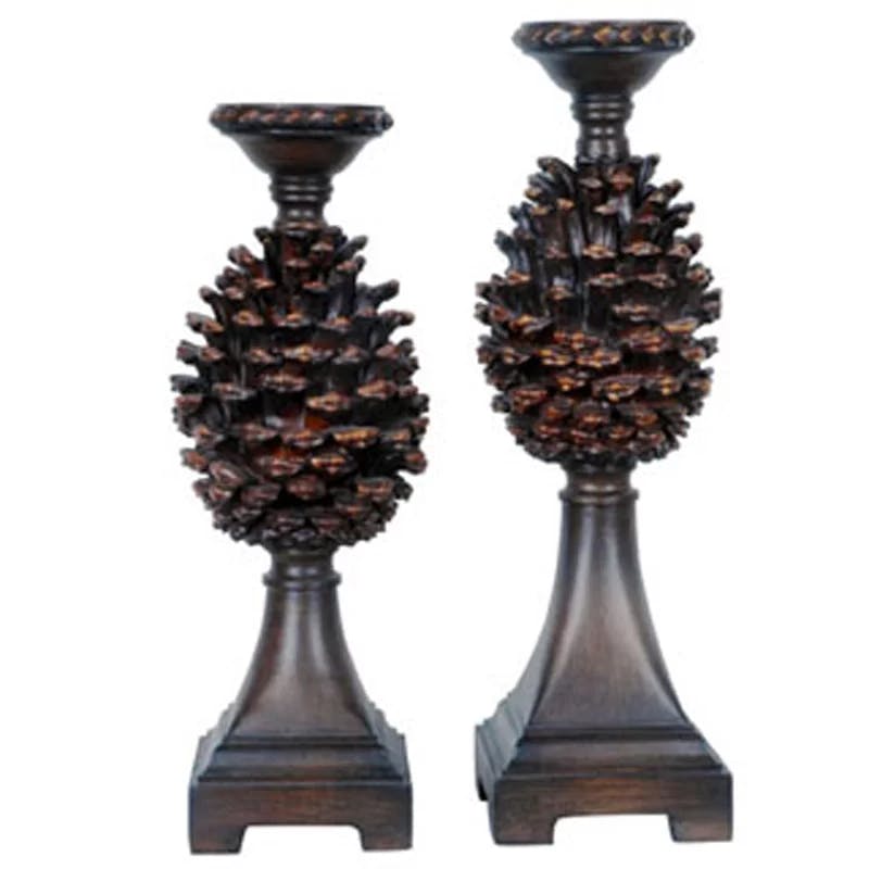 Rustic Pinecone and Walnut Finish Resin Candlestick Set