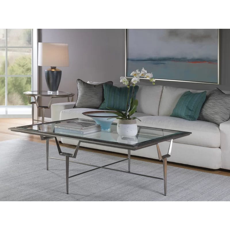 Transitional 48'' Silver Leaf Rectangular Metal & Glass Cocktail Table