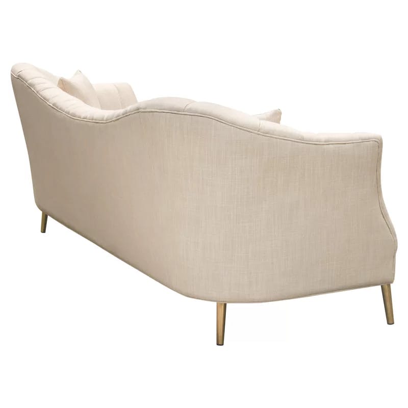 Sand Linen Tufted Sofa with Gold Metal Legs and Round Arms