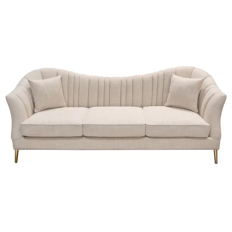 Sand Linen Tufted Sofa with Gold Metal Legs and Round Arms