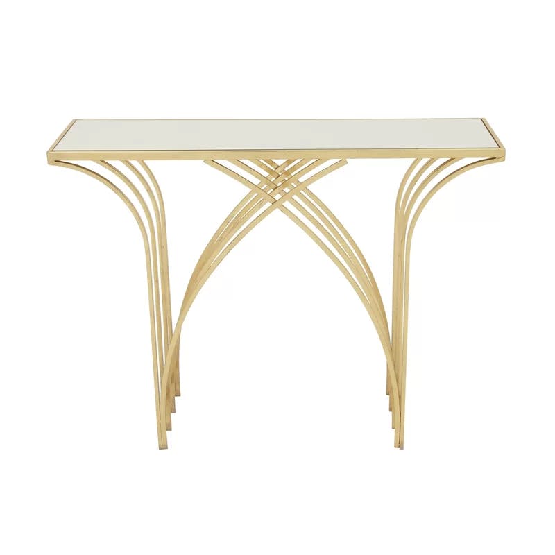 Elegant Gold Metal & Mirrored Glass Art Deco Console Table