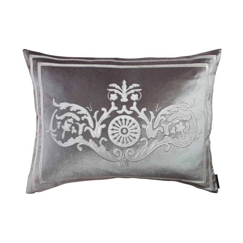 Elegant Parisian Silver Velvet Appliqued Rectangular Feather Pillow