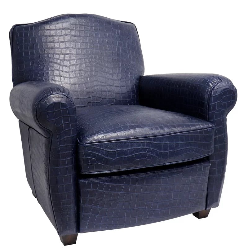 Navy Blue Crocodile Embossed Leather Wingback Chair with Dark Brown Legs