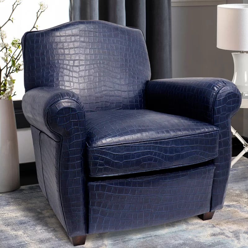 Navy Blue Crocodile Embossed Leather Wingback Chair with Dark Brown Legs