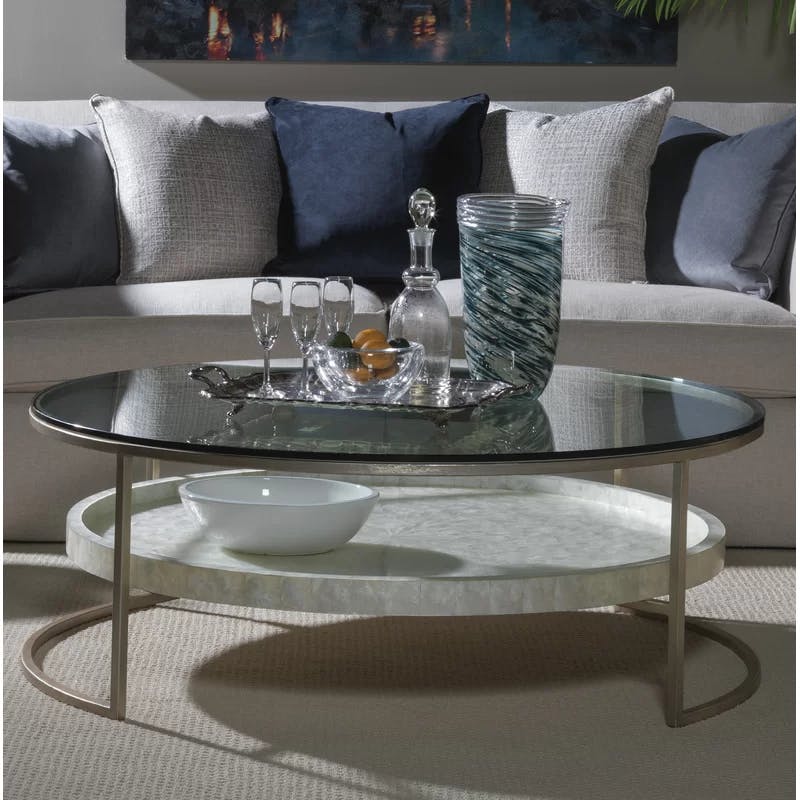 Champagne Foil and Glass Round Cocktail Table with Capiz Shelf