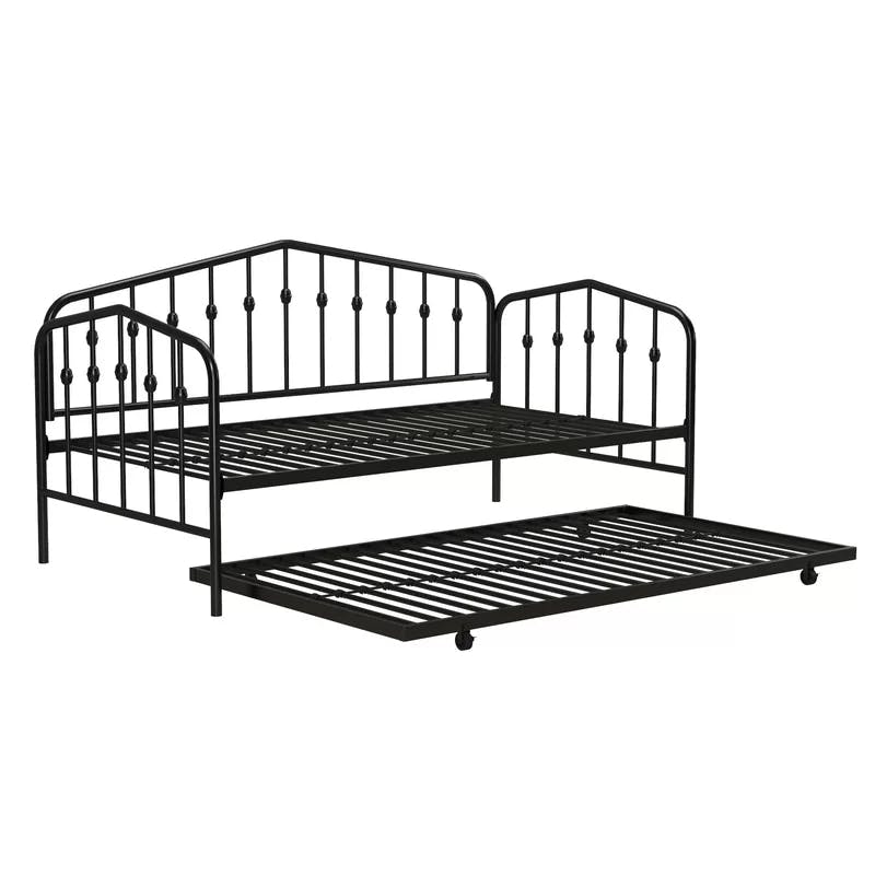 Modern Black Metal Twin Daybed with Trundle and Round Finials
