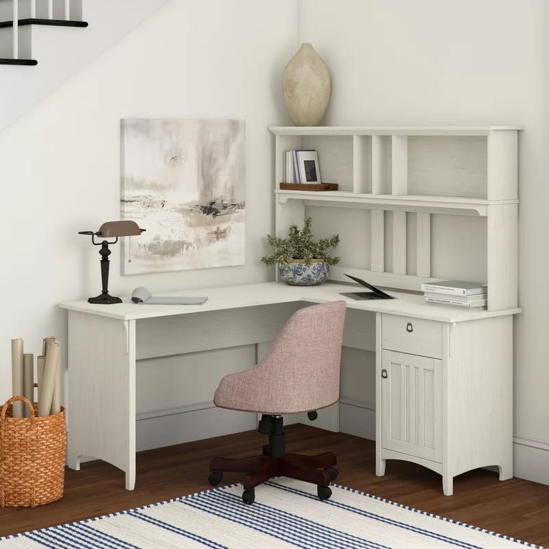 Antique White L-Shaped Desk with Hutch and Bookcase Set