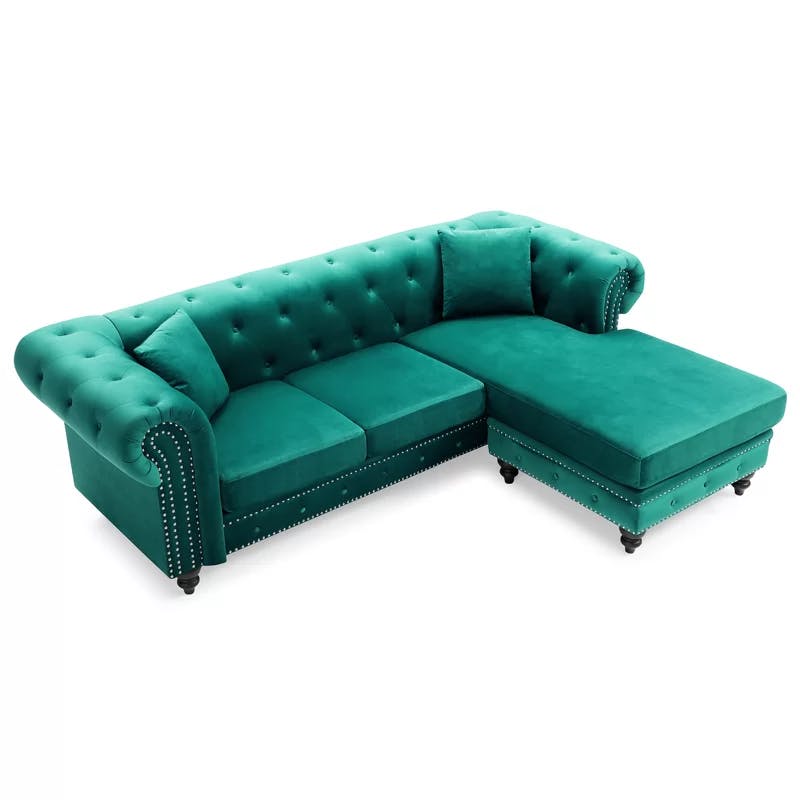 Nola Tufted Velvet Chesterfield Sectional Sofa with Ottoman in Green