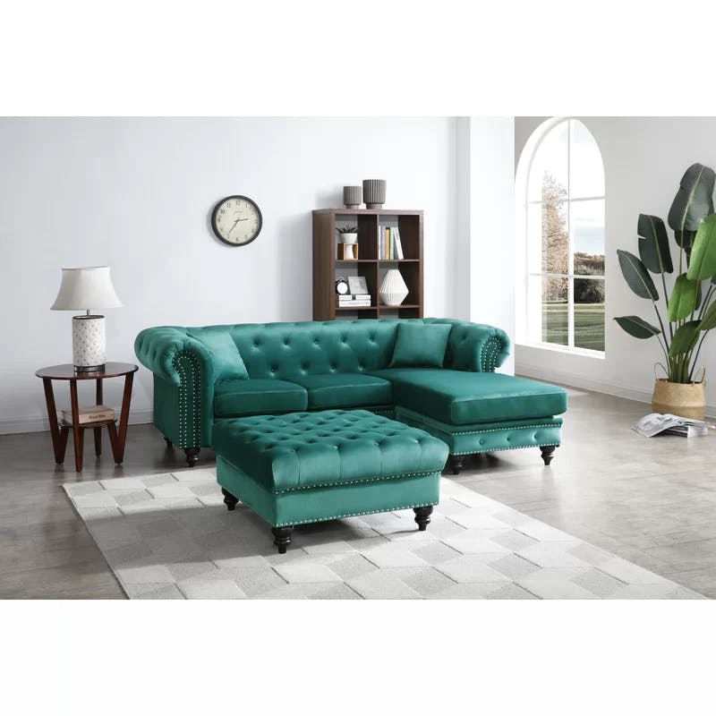 Nola Tufted Velvet Chesterfield Sectional Sofa with Ottoman in Green