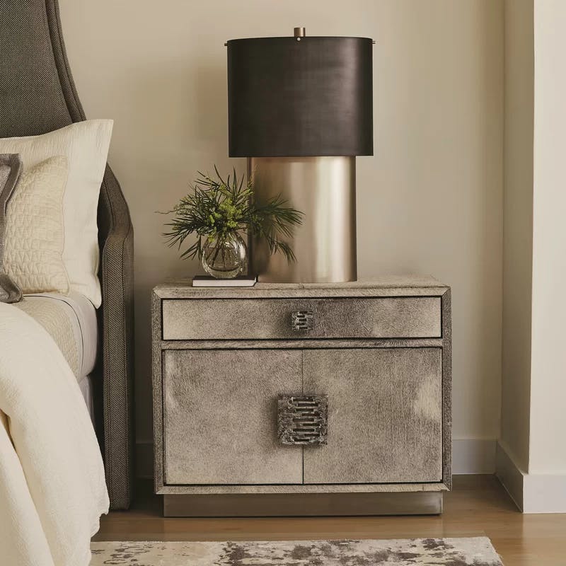 Metro Grey Hair-on-Hide Nightstand with Nickel Accents