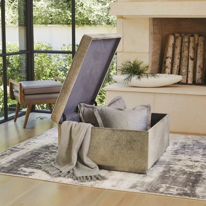 Luxurious Grey Cowhide Leather Square Storage Ottoman with Silver Accents