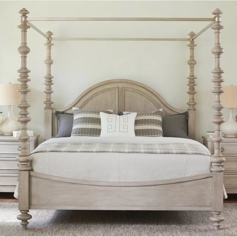 Transitional Beige King Poster Bed with Metal & Wood Frame
