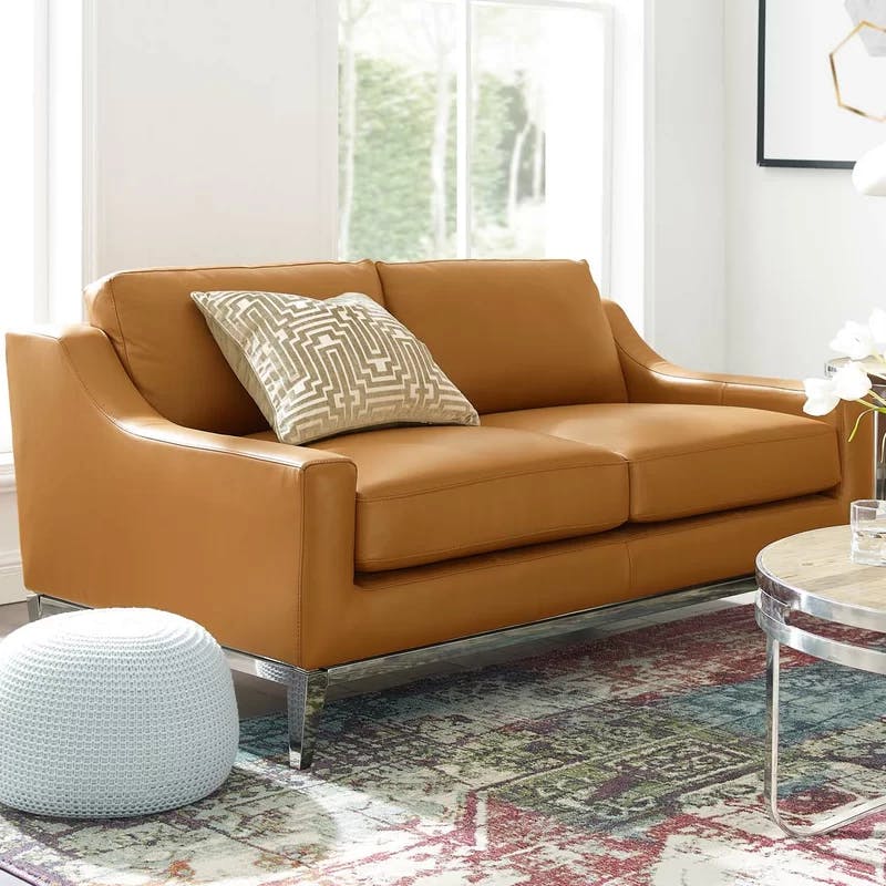 Modern Tan Leather Loveseat with Stainless Steel Base and Removable Cushions