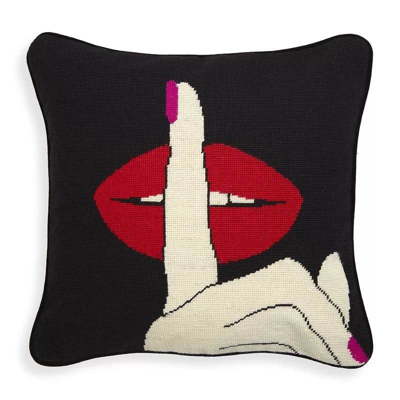 Bold Red Lips Embroidered Wool Square Throw Pillow