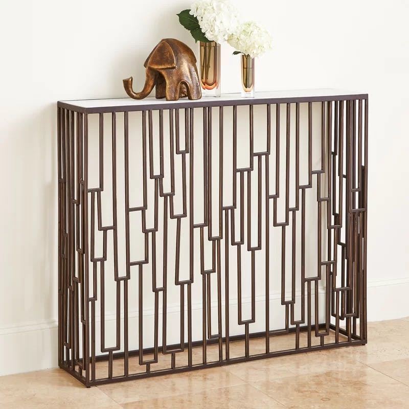 Shingle Hall Console with Bronze-Hued Iron Base & White Marble Top