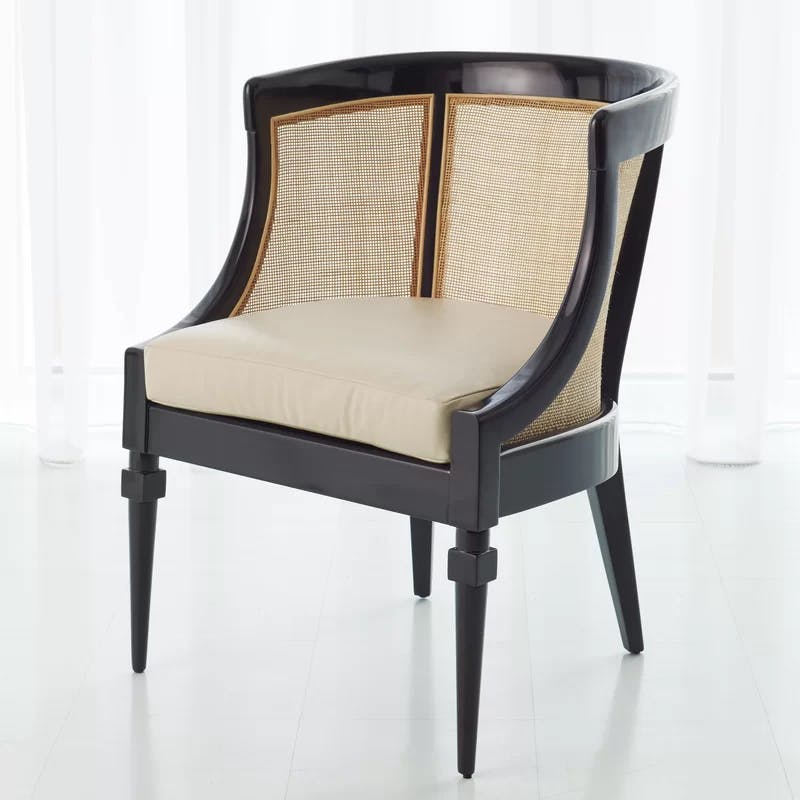 Alder Wood & Black Cane Barrel Accent Chair in Ivory Leather