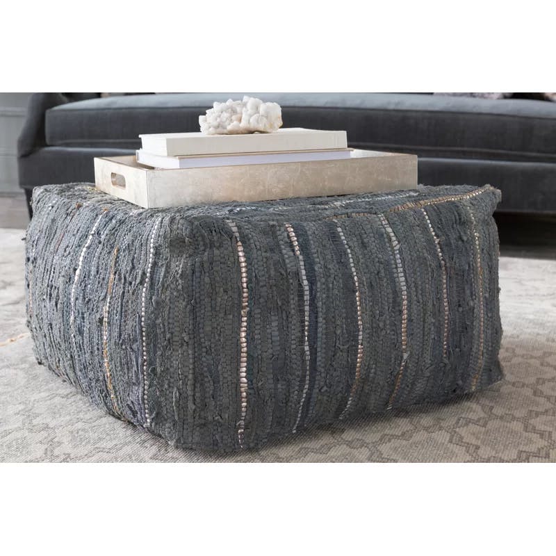 Ivory and Pale Blue Leather Square Pouf with Metallic Accents